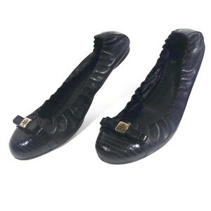 Tory Burch Black Ballet Flats, elastic band silver hardware genuine leather Sz 9